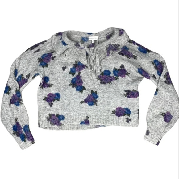 Something Navy Sweater Womens Medium Grey Alpaca Wool Floral Ruffle Feminine - Picture 2 of 9